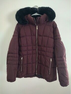 Calvin Klein Women's Burgundy Puffer Jacket with Faux Fur Hood Size 1X